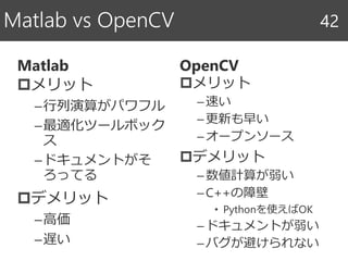 Matlab
メリット
–行列演算がパワフル
–最適化ツールボック
ス
–ドキュメントがそ
ろってる
デメリット
–高価
–遅い
OpenCV
メリット
–速い
–更新も早い
–オープンソース
デメリット
–数値計算が弱い
–C++の障壁
• Pythonを使えばOK
–ドキュメントが弱い
–バグが避けられない
Matlab vs OpenCV 42
 