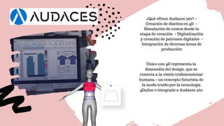¿Qué ofrece Audaces 360? –
Creación de diseños en 4D  –
Simulación de costos desde la
etapa de creación  – Digitalización
y creación de patrones digitales  –
Integración de diversas áreas de
producción
Único con 4D representa la
dimensión del design, que se
conecta a la visión tridimensional
humana – un concepto futurista de
la moda traído por la tecnología
4Dalize e integrado a Audaces 360
 