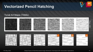 Vectorized Pencil Hatching
17th May 2022 Design Space of Geometry-based Image Abstraction Techniques with Vectorization Applications 16
Praun,
2001
Tonal Art Maps (TAMs):
 