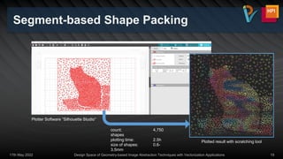 Segment-based Shape Packing
17th May 2022 Design Space of Geometry-based Image Abstraction Techniques with Vectorization Applications 19
Plotter Software “Silhouette Studio”
Plotted result with scratching tool
count: 4,750
shapes
plotting time: 2.5h
size of shapes: 0.6-
3.5mm
 