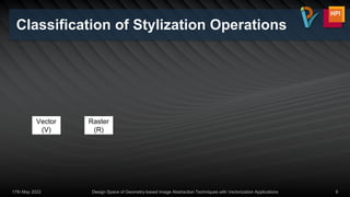 Classification of Stylization Operations
17th May 2022 Design Space of Geometry-based Image Abstraction Techniques with Vectorization Applications 9
Vector
(V)
Raster
(R)
 