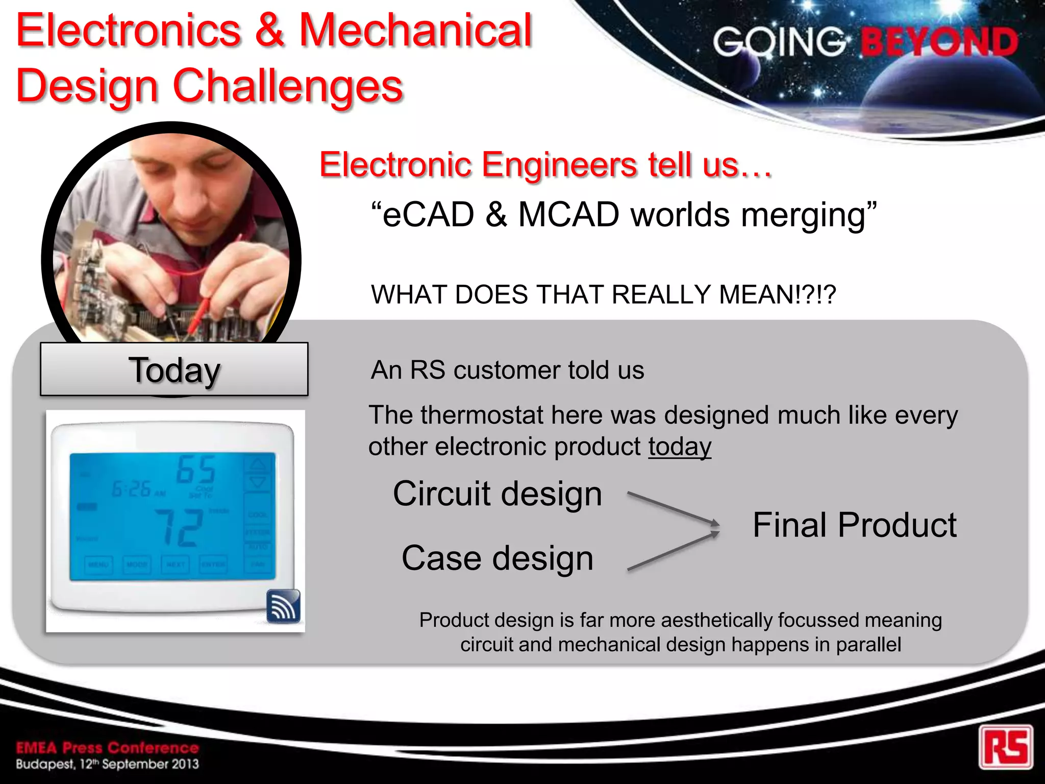 Electronic Engineers tell us…
“eCAD & MCAD worlds merging”
WHAT DOES THAT REALLY MEAN!?!?
An RS customer told usToday
The thermostat here was designed much like every
other electronic product today
Circuit design
Case design
Product design is far more aesthetically focussed meaning
circuit and mechanical design happens in parallel
Final Product
Electronics & Mechanical
Design Challenges
 