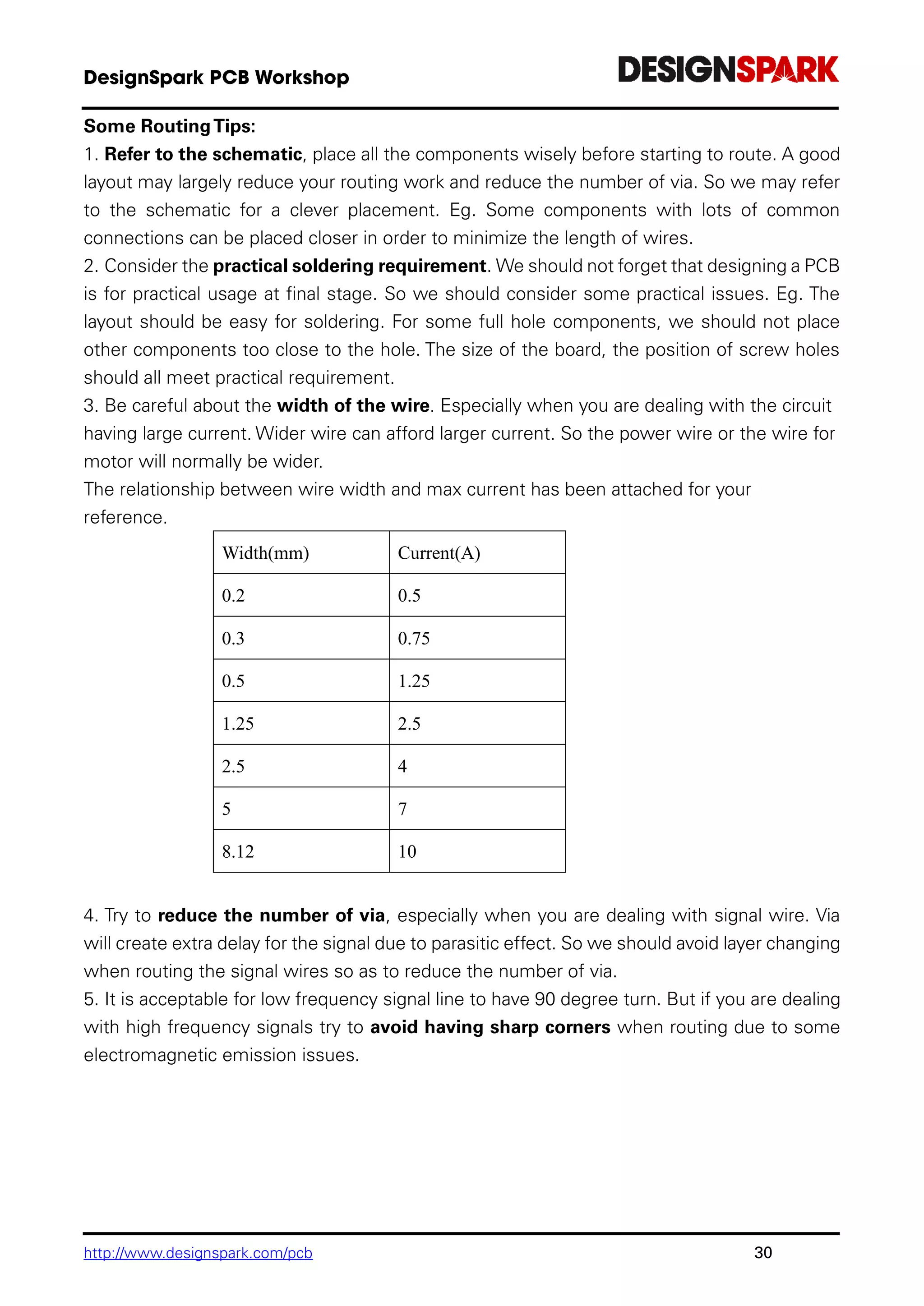 http://www.designspark.com/pcb 30
Some RoutingTips:
1. Refer to the schematic, place all the components wisely before starting to route. A good
layout may largely reduce your routing work and reduce the number of via. So we may refer
to the schematic for a clever placement. Eg. Some components with lots of common
connections can be placed closer in order to minimize the length of wires.
2. Consider the practical soldering requirement. We should not forget that designing a PCB
is for practical usage at final stage. So we should consider some practical issues. Eg. The
layout should be easy for soldering. For some full hole components, we should not place
other components too close to the hole. The size of the board, the position of screw holes
should all meet practical requirement.
3. Be careful about the width of the wire. Especially when you are dealing with the circuit
having large current. Wider wire can afford larger current. So the power wire or the wire for
motor will normally be wider.
The relationship between wire width and max current has been attached for your
reference.
Width(mm) Current(A)
0.2 0.5
0.3 0.75
0.5 1.25
1.25 2.5
2.5 4
5 7
8.12 10
4. Try to reduce the number of via, especially when you are dealing with signal wire. Via
will create extra delay for the signal due to parasitic effect. So we should avoid layer changing
when routing the signal wires so as to reduce the number of via.
5. It is acceptable for low frequency signal line to have 90 degree turn. But if you are dealing
with high frequency signals try to avoid having sharp corners when routing due to some
electromagnetic emission issues.
 