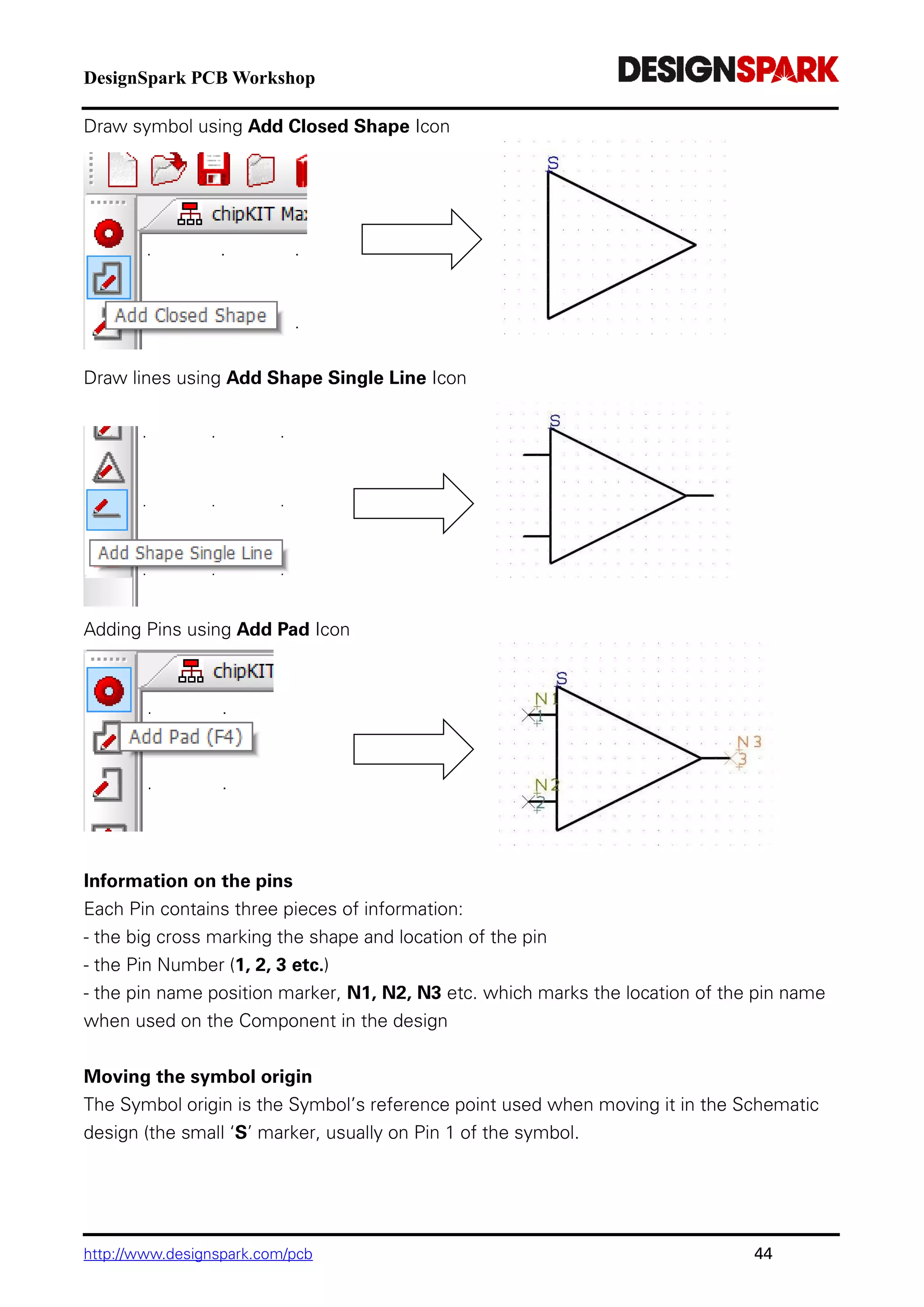 DesignSpark PCB Workshop
http://www.designspark.com/pcb 44
Draw symbol using Add Closed Shape Icon
Draw lines using Add Shape Single Line Icon
Adding Pins using Add Pad Icon
Information on the pins
Each Pin contains three pieces of information:
- the big cross marking the shape and location of the pin
- the Pin Number (1, 2, 3 etc.)
- the pin name position marker, N1, N2, N3 etc. which marks the location of the pin name
when used on the Component in the design
Moving the symbol origin
The Symbol origin is the Symbol’s reference point used when moving it in the Schematic
design (the small ‘S’ marker, usually on Pin 1 of the symbol.
 