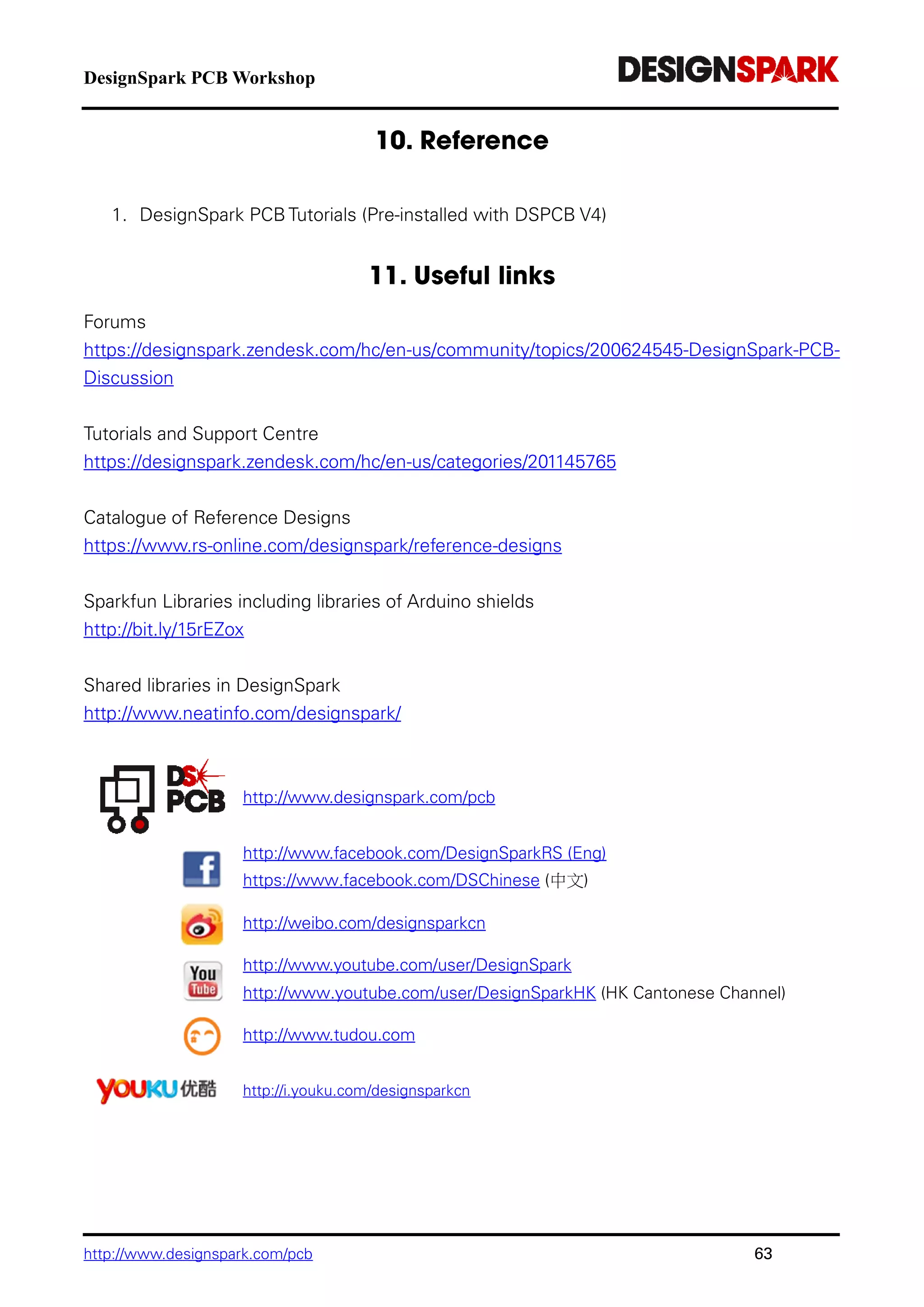 DesignSpark PCB Workshop
http://www.designspark.com/pcb 63
1. DesignSpark PCBTutorials (Pre-installed with DSPCB V4)
Forums
https://designspark.zendesk.com/hc/en-us/community/topics/200624545-DesignSpark-PCB-
Discussion
Tutorials and Support Centre
https://designspark.zendesk.com/hc/en-us/categories/201145765
Catalogue of Reference Designs
https://www.rs-online.com/designspark/reference-designs
Sparkfun Libraries including libraries of Arduino shields
http://bit.ly/15rEZox
Shared libraries in DesignSpark
http://www.neatinfo.com/designspark/
http://www.designspark.com/pcb
http://www.facebook.com/DesignSparkRS (Eng)
https://www.facebook.com/DSChinese (中文)
http://weibo.com/designsparkcn
http://www.youtube.com/user/DesignSpark
http://www.youtube.com/user/DesignSparkHK (HK Cantonese Channel)
http://www.tudou.com
http://i.youku.com/designsparkcn
 