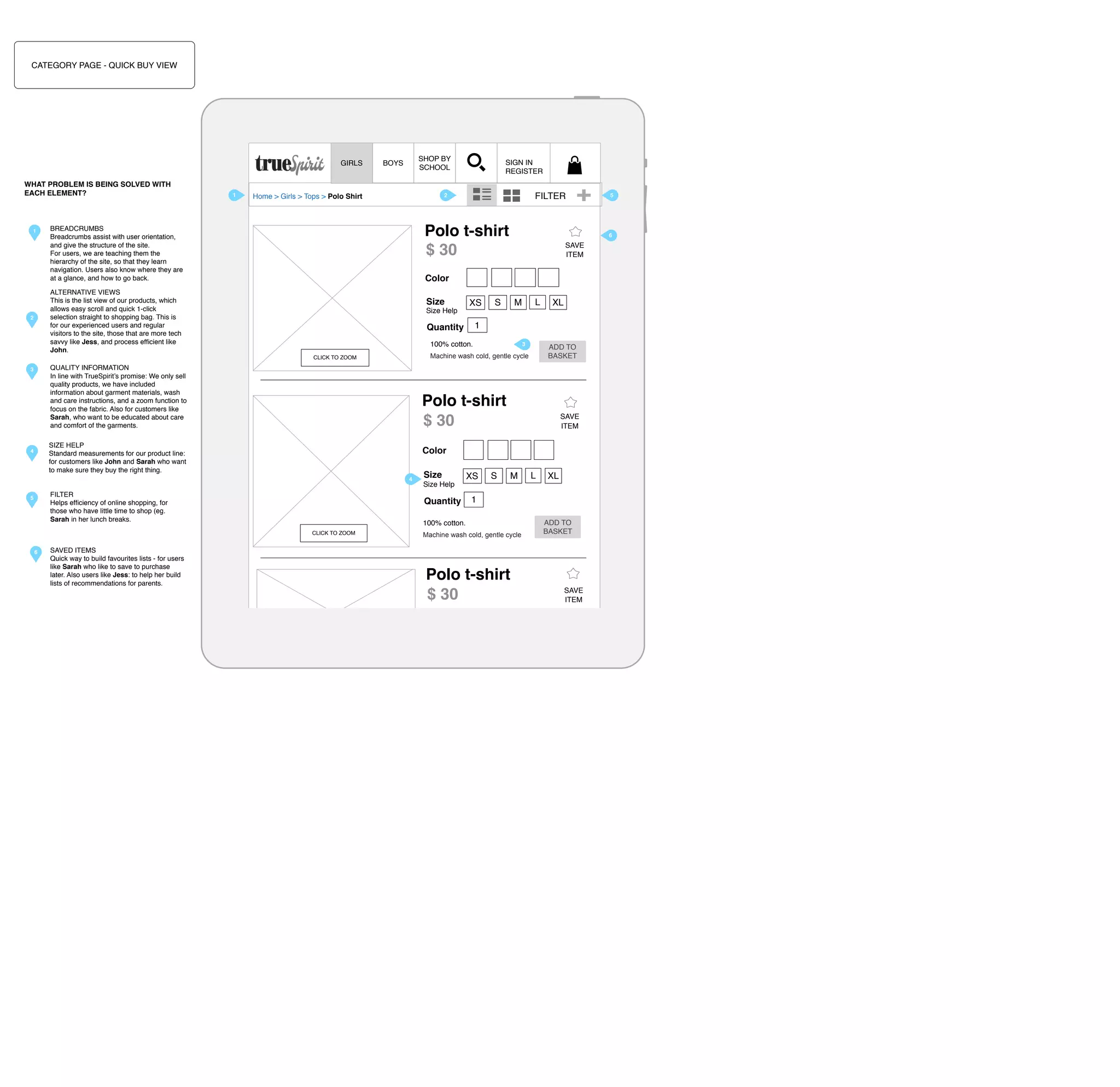 CATEGORY PAGE - QUICK BUY VIEW

GIRLS
WHAT PROBLEM IS BEING SOLVED WITH
EACH ELEMENT?

1

1

SHOP BY
SCHOOL

BOYS

Polo t-shirt
$ 30

BREADCRUMBS
Breadcrumbs assist with user orientation,
and give the structure of the site.
For users, we are teaching them the
hierarchy of the site, so that they learn
navigation. Users also know where they are
at a glance, and how to go back.

Size
Size Help

L

M

3

XL

ADD TO
BASKET

Machine wash cold, gentle cycle

Polo t-shirt
$ 30

SAVE
ITEM

Color
4

FILTER
Helps efﬁciency of online shopping, for
those who have little time to shop (eg.
Sarah in her lunch breaks.

Size
Size Help

Quantity

XS

S

M

L

SAVED ITEMS
Quick way to build favourites lists - for users
like Sarah who like to save to purchase
later. Also users like Jess: to help her build
lists of recommendations for parents.

Machine wash cold, gentle cycle

Polo t-shirt
$ 30
CLICK TO ZOOM

XL

1

100% cotton.
CLICK TO ZOOM

6

S

100% cotton.

SIZE HELP
Standard measurements for our product line:
for customers like John and Sarah who want
to make sure they buy the right thing.

5

SAVE
ITEM

1

Quantity

QUALITY INFORMATION
In line with TrueSpirit’s promise: We only sell
quality products, we have included
information about garment materials, wash
and care instructions, and a zoom function to
focus on the fabric. Also for customers like
Sarah, who want to be educated about care
and comfort of the garments.

4

XS

5

6

Color

CLICK TO ZOOM
3

FILTER

2

Home > Girls > Tops > Polo Shirt

ALTERNATIVE VIEWS
This is the list view of our products, which
allows easy scroll and quick 1-click
selection straight to shopping bag. This is
for our experienced users and regular
visitors to the site, those that are more tech
savvy like Jess, and process efﬁcient like
John.

2

SIGN IN
REGISTER

Color
100% cotton.
Machine
Size wash cold, gentle cycle L
XS S M

ADD TO
BASKET

SAVE
ITEM

 