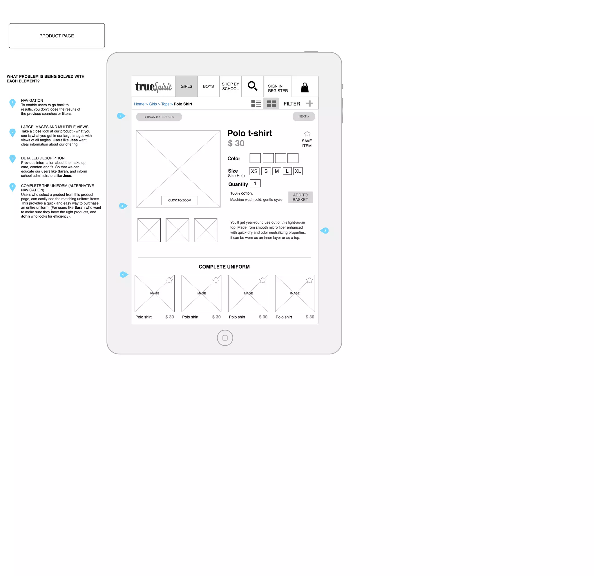 PRODUCT PAGE

WHAT PROBLEM IS BEING SOLVED WITH
EACH ELEMENT?
GIRLS

1

2

3

4

NAVIGATION
To enable users to go back to
results, you don’t loose the results of
the previous searches or ﬁlters.

BOYS

SIGN IN
REGISTER

FILTER

Home > Girls > Tops > Polo Shirt
1

NEXT >

< BACK TO RESULTS

LARGE IMAGES AND MULTIPLE VIEWS
Take a close look at our product - what you
see is what you get in our large images with
views of all angles. Users like Jess want
clear information about our offering.

Polo t-shirt
$ 30

SAVE
ITEM

Color

DETAILED DESCRIPTION
Provides information about the make up,
care, comfort and ﬁt. So that we can
educate our users like Sarah, and inform
school administrators like Jess.
COMPLETE THE UNIFORM (ALTERNATIVE
NAVIGATION)
Users who select a product from this product
page, can easily see the matching uniform items.
This provides a quick and easy way to purchase
an entire uniform. (For users like Sarah who want
to make sure they have the right products, and
John who looks for efﬁciency).

SHOP BY
SCHOOL

Size
Size Help

XS

Quantity

S

M

L

XL

1

100% cotton.

ADD TO
BASKET

Machine wash cold, gentle cycle

CLICK TO ZOOM
2

You'll get year-round use out of this light-as-air
top. Made from smooth micro fiber enhanced
with quick-dry and odor neutralizing properties,
it can be worn as an inner layer or as a top.

COMPLETE UNIFORM
4

IMAGE

Polo shirt

IMAGE

$ 30

Polo shirt

IMAGE

$ 30

Polo shirt

IMAGE

$ 30

Polo shirt

$ 30

3

 