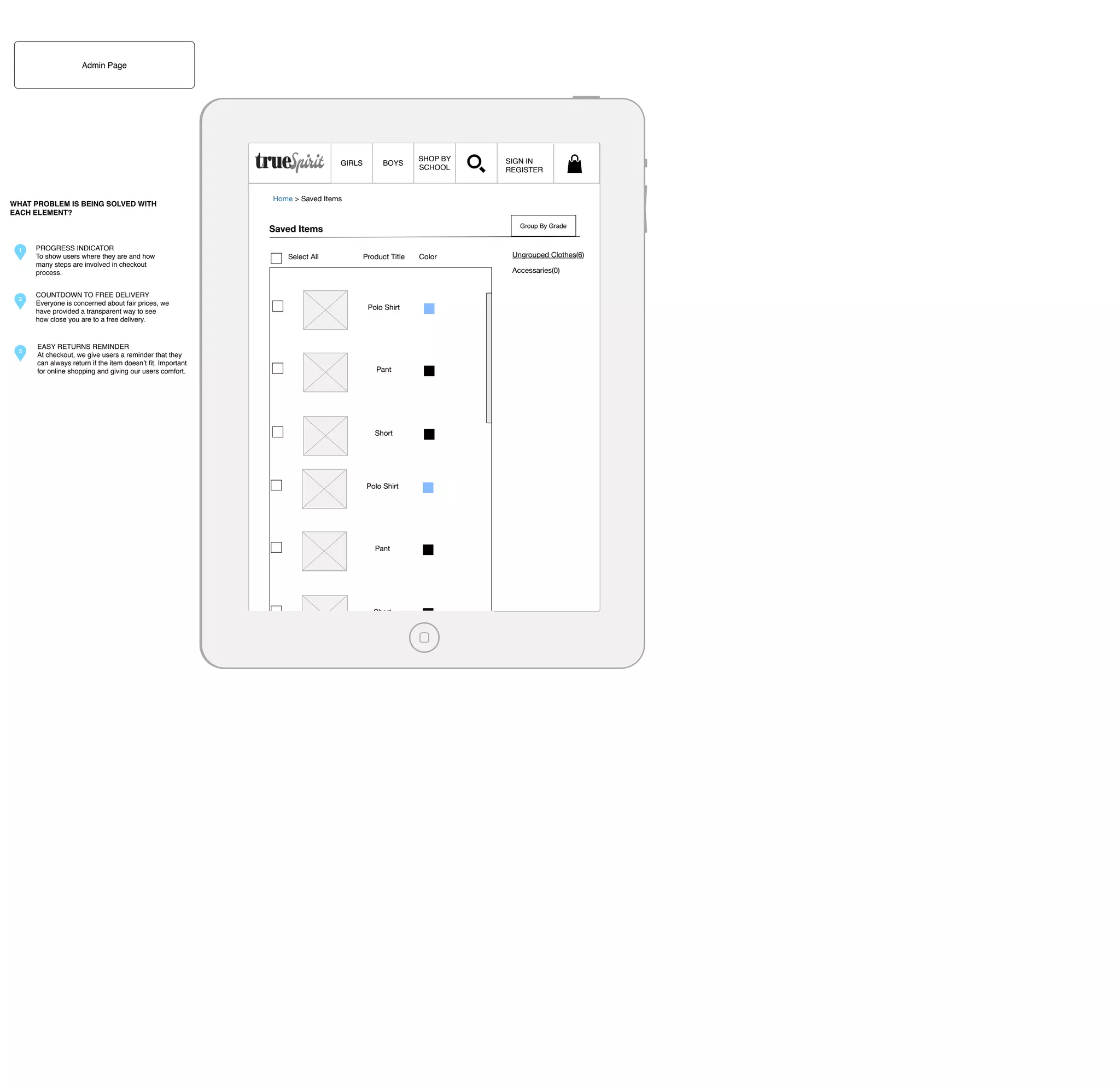 Admin Page

GIRLS

WHAT PROBLEM IS BEING SOLVED WITH
EACH ELEMENT?

BOYS

SHOP BY
SCHOOL

Home > Saved Items

Saved Items
1

2

3

PROGRESS INDICATOR
To show users where they are and how
many steps are involved in checkout
process.
COUNTDOWN TO FREE DELIVERY
Everyone is concerned about fair prices, we
have provided a transparent way to see
how close you are to a free delivery.

EASY RETURNS REMINDER
At checkout, we give users a reminder that they
can always return if the item doesn’t ﬁt. Important
for online shopping and giving our users comfort.

SIGN IN
REGISTER

Select All

Group By Grade

Product Title

Color

Ungrouped Clothes(6)
Accessaries(0)

Polo Shirt

Pant

Short

Polo Shirt

Pant

Short

 