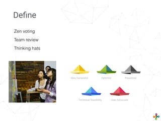 Zen voting
Team review
Thinking hats
Deﬁne
 