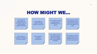 HOW MIGHT WE...
5
How might we
encourage our
prediabetic users to
make healthier
nutritional choices?
How might we
motivate inactive
people to exercise?
How might we make
exercising less
intimidating for our
users?
How might we make
losing weight more
attainable for people
who have failed in the
past?
How might we
educate our users on
nutritional health?
How might we
introduce
mindfulness?
How might we offer
support to people
who are struggling
with making lifestyle
changes?
How might we make
healthy eating more
affordable for our low-
income subscribers?
 