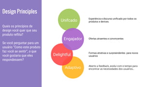 Design Principles
Quais os princípios de
design você quer que seu
produto reflita?
Se você perguntar para um
usuário “Como este produto
faz você se sentir”, o que
você gostaria que eles
respondessem?
Unifcado
Engajador
Delightful
Adaptivo
Experiência e discurso unificado por todos os
produtos e devices.
Ofertas atraentes e convincentes
Formas atrativas e surpreendentes para novos
usuários
Aberto a feedback, evolui com o tempo para
encontrar as necessidades dos usuários..
 