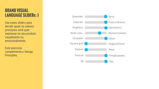 BRAND VISUAL
LANGUAGE SLIDERs :)
Use estes sliders para
decidir quais os valores
principais você quer
expressar no seu produto
visualmente ou
emocionalmente.
Este exercício
complementa o Design
Principles.
Divertido Sério
Colorido Preto e Branco
Orgânico Geometrico
MonochromaticMulti-color
CleanOcupado
Diagonal linesSquare grid
Pattern Plain
Texture Simple planes
3D Flat
 
