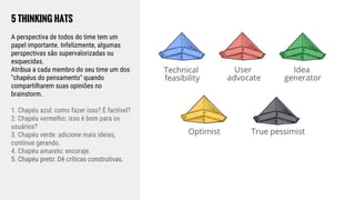 5 THINKING HATS
A perspectiva de todos do time tem um
papel importante. Infelizmente, algumas
perspectivas são supervalorizadas ou
esquecidas.
Atribua a cada membro do seu time um dos
"chapéus do pensamento" quando
compartilharem suas opiniões no
brainstorm.
1. Chapéu azul: como fazer isso? É factível?
2. Chapéu vermelho: isso é bom para os
usuários?
3. Chapéu verde: adicione mais ideias,
continue gerando.
4. Chapéu amarelo: encoraje.
5. Chapéu preto: Dê críticas construtivas.
 
