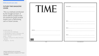 Define brand & user value
FUTURE TIME MAGAZINE
COVER
This is a method contributed
by the Google [x] team. It
works well for projects that
are poised for great societal
impact such a Self-driving
cars or Smart Lenses.
50 MIN HOW TO:
1. Introduce the challenge.
2. Ask people to work in groups and
create their own version of the
cover. - 10min
3. Share, compare & select the best.
- 20 min
4. Digitize. - 20 min
Method defined and contributed
by Mike Sparandara, Google [x] UX Team
Template
 