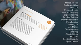 Hopes & Fears
Goal & Anti-Goal
Who / Do
Persona Design
User Journey Map
Experience Map
Problem Reframe
Daily Retrospective
Pitch Practice
Parking Lot
Job-Stories
Challenge Map
Mind Map
Silent Critique
$100 Test
Service Blueprint
Sprint Debrief
 