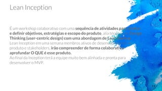 11
sequência de atividades para alinhar
e definir objetivos, estratégias e escopo do produto Design
Thinking (user-centric design) com uma abordagem de Lean Startup
irão compreender de forma colaborativa
aprofundar O QUE é esse produto.
 