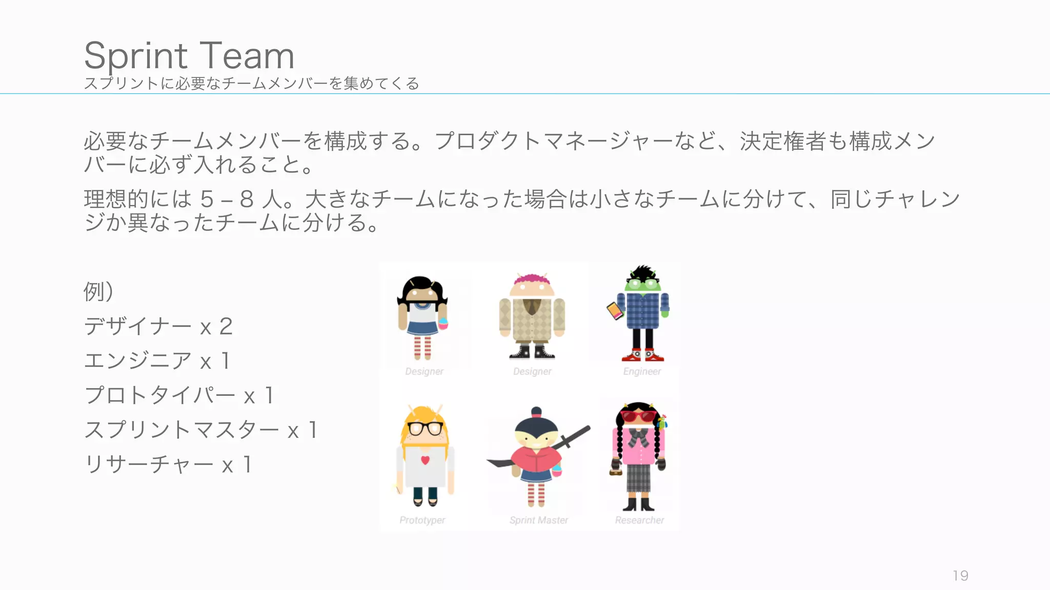 スプリントに必要なチームメンバーを集めてくる
必要なチームメンバーを構成する。プロダクトマネージャーなど、決定権者も構成メン
バーに必ず入れること。
理想的には 5 ‒ 8 人。大きなチームになった場合は小さなチームに分けて、同じチャレン
ジか異なったチームに分ける。
例）
デザイナー x 2
エンジニア x 1
サポート担当者 x 1
プロトタイパー x 1
スプリントマスター x 1
リサーチャー x 1
19
Sprint Team
 