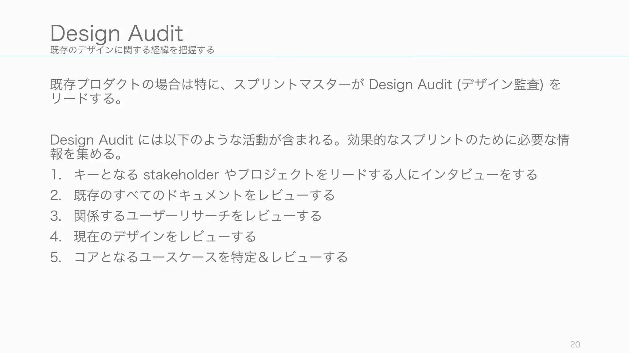 既存のデザインに関する経緯を把握する
既存プロダクトの場合は特に、スプリントマスターが Design Audit (デザイン監査) を
リードする。
Design Audit には以下のような活動が含まれる。効果的なスプリントのために必要な情
報を集める。
1. キーとなる stakeholder やプロジェクトをリードする人にインタビューをする
2. 既存のすべてのドキュメントをレビューする
3. 関係するユーザーリサーチをレビューする
4. 現在のデザインをレビューする
5. コアとなるユースケースを特定＆レビューする
20
Design Audit
 