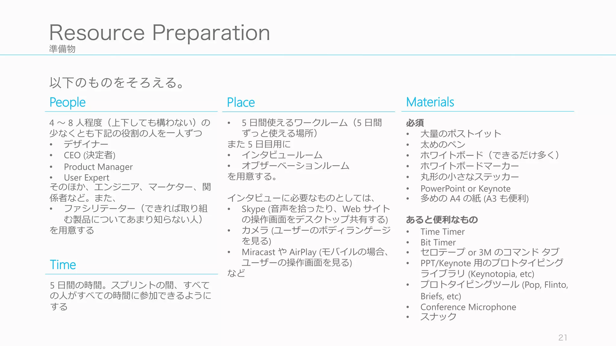 準備物
21
Resource Preparation
• 5 ⽇日間使えるワークルーム（5 ⽇日間
ずっと使える場所）
また 5 ⽇日⽬目⽤用に
• インタビュールーム
• オブザーベーションルーム
を⽤用意する。
インタビューに必要なものとしては、
• Skype (⾳音声を拾拾ったり、Web サイト
の操作画⾯面をデスクトップ共有する)
• カメラ (ユーザーのボディランゲージ
を⾒見見る)
• Miracast や AirPlay (モバイルの場合、
ユーザーの操作画⾯面を⾒見見る)
など
4 〜～ 8 ⼈人程度度（上下しても構わない）の
少なくとも下記の役割の⼈人を⼀一⼈人ずつ
• デザイナー
• CEO (決定者)
• Product Manager
• User Expert
そのほか、エンジニア、マーケター、関
係者など。また、
• ファシリテーター（できれば取り組
む製品についてあまり知らない⼈人）
を⽤用意する
必須
• ⼤大量量のポストイット
• 太めのペン
• ホワイトボード（できるだけ多く）
• ホワイトボードマーカー
• 丸形の⼩小さなステッカー
• PowerPoint or Keynote
• 多めの A4 の紙 (A3 も便便利利)
あると便便利利なもの
• Time Timer
• Bit Timer
• セロテープ or 3M のコマンド タブ
• PPT/Keynote ⽤用のプロトタイピング
ライブラリ (Keynotopia, etc)
• プロトタイピングツール (Pop, Flinto,
Briefs, etc)
• Conference Microphone
• スナック
People Place Materials
5 ⽇日間の時間。スプリントの間、すべて
の⼈人がすべての時間に参加できるように
する
Time
以下のものをそろえる。
 