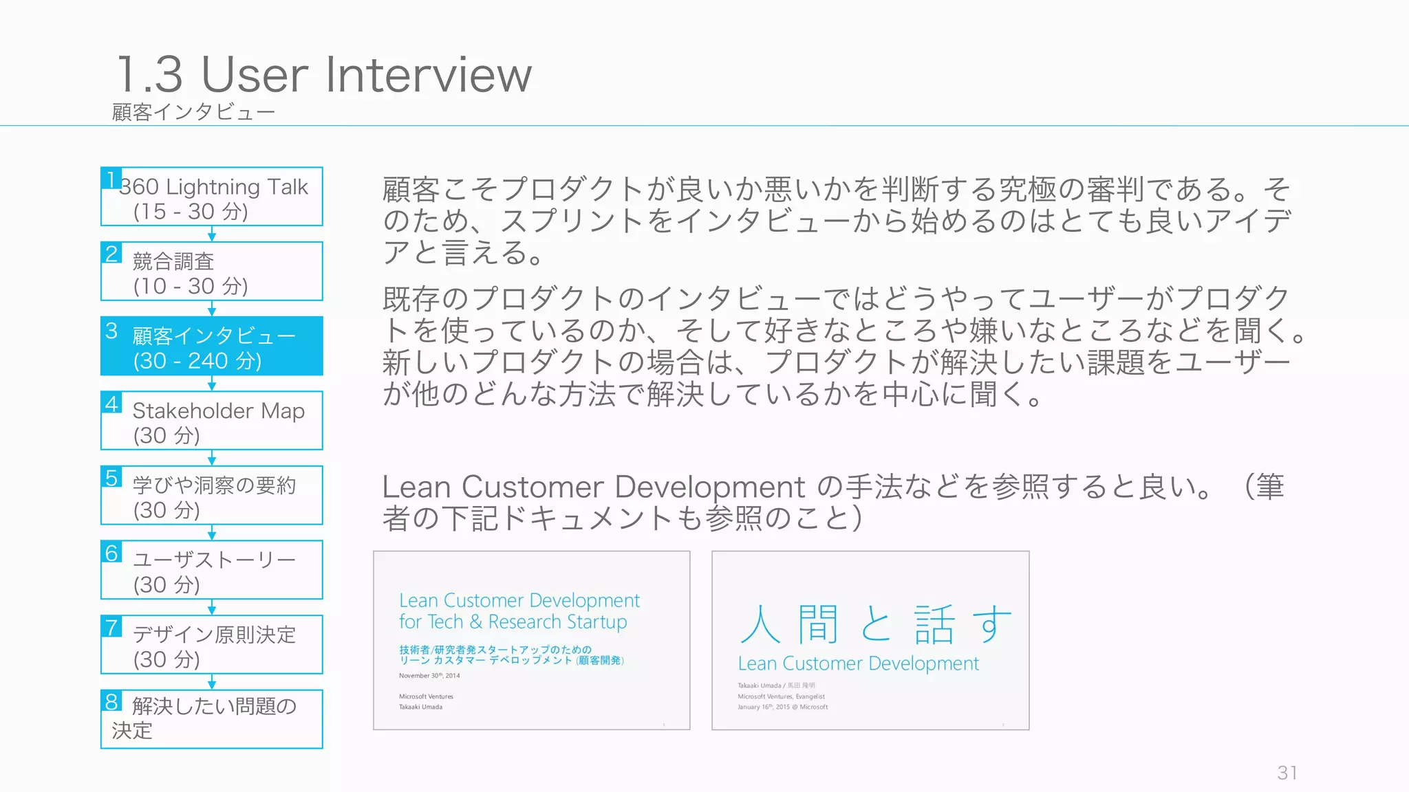 顧客インタビュー
顧客こそプロダクトが良いか悪いかを判断する究極の審判である。そ
のため、スプリントをインタビューから始めるのはとても良いアイデ
アと言える。
既存のプロダクトのインタビューではどうやってユーザーがプロダク
トを使っているのか、そして好きなところや嫌いなところなどを聞く。
新しいプロダクトの場合は、プロダクトが解決したい課題をユーザー
が他のどんな方法で解決しているかを中心に聞く。
Lean Customer Development の手法などを参照すると良い。（筆
者の下記ドキュメントも参照のこと）
31
1.3 User Interview
360 Lightning Talk
(15 - 30 分)
競合調査
(10 - 30 分)
顧客インタビュー
(30 - 240 分)
Stakeholder Map
(30 分)
学びや洞察の要約
(30 分)
ユーザストーリー
(30 分)
デザイン原則決定
(30 分)
解決したい問題の
決定
1
2
3
4
5
6
7
8
 