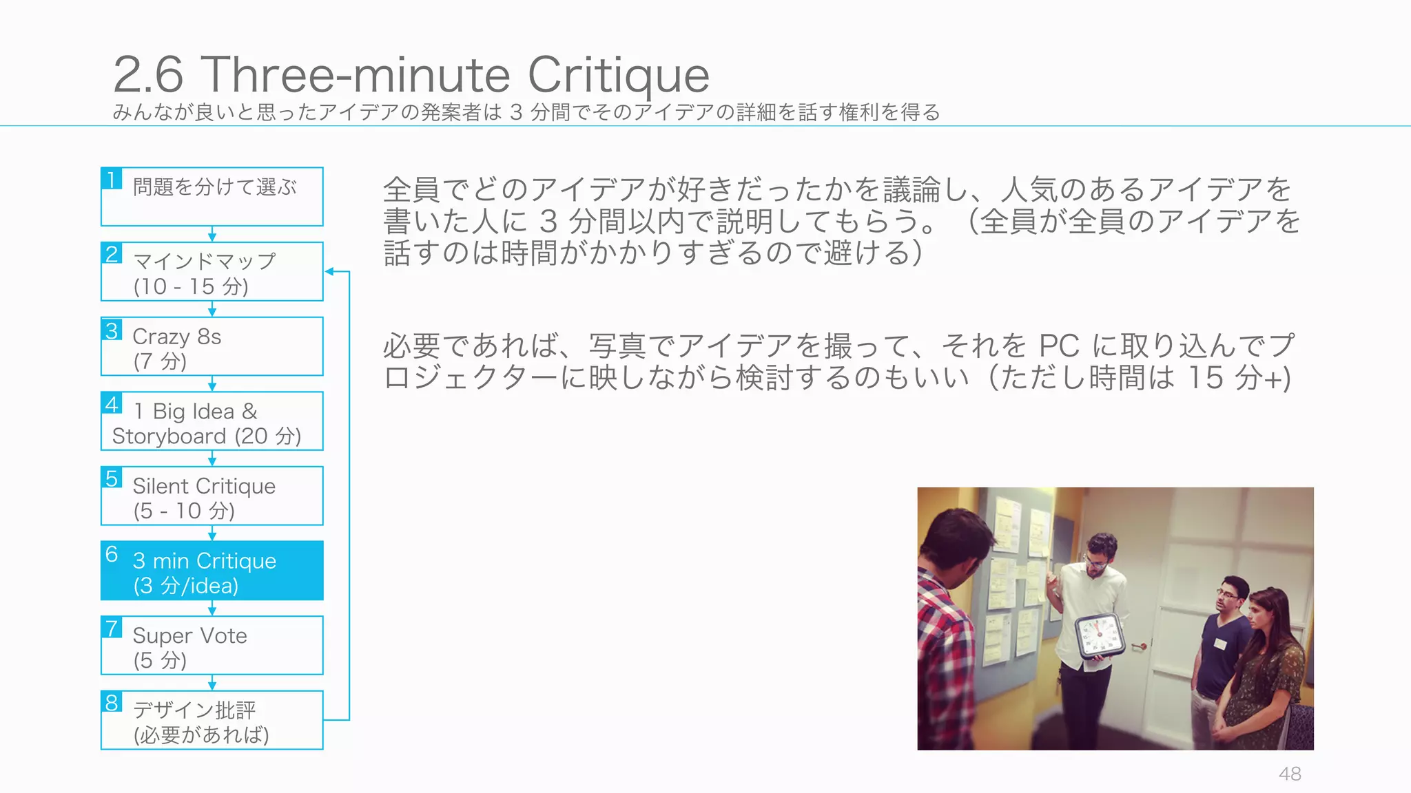 みんなが良いと思ったアイデアの発案者は 3 分間でそのアイデアの詳細を話す権利を得る
全員でどのアイデアが好きだったかを議論し、人気のあるアイデアを
書いた人に 3 分間以内で説明してもらう。（全員が全員のアイデアを
話すのは時間がかかりすぎるので避ける）
必要であれば、写真でアイデアを撮って、それを PC に取り込んでプ
ロジェクターに映しながら検討するのもいい（ただし時間は 15 分+)
48
2.6 Three-minute Critique
問題を分けて選ぶ
マインドマップ
(10 - 15 分)
Crazy 8s
(7 分)
1 Big Idea &
Storyboard (20 分)
Silent Critique
(5 - 10 分)
3 min Critique
(3 分/idea)
Super Vote
(5 分)
デザイン批評
(必要があれば)
1
2
3
4
5
6
7
8
 