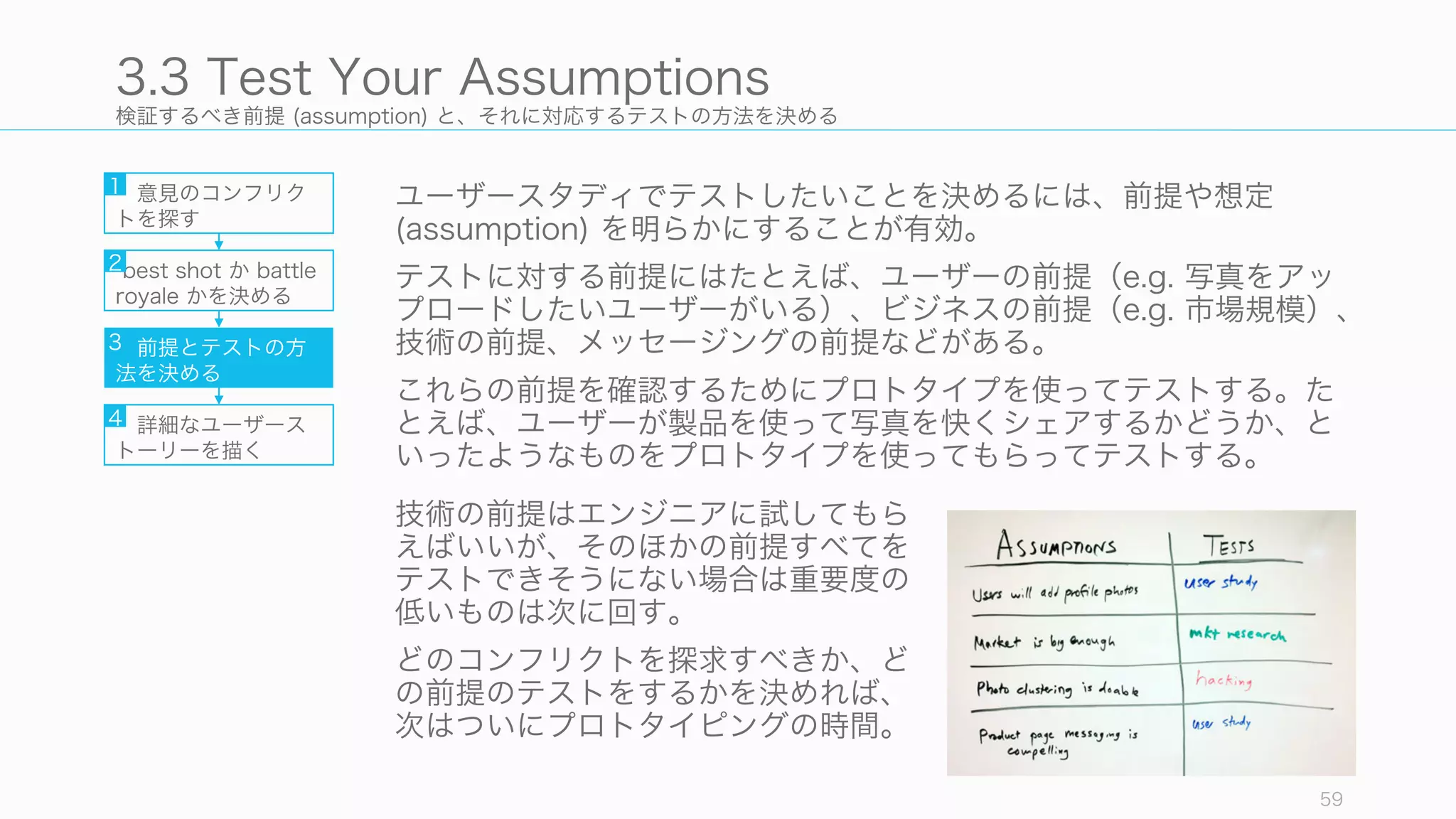 検証するべき前提 (assumption) と、それに対応するテストの方法を決める
ユーザースタディでテストしたいことを決めるには、前提や想定
(assumption) を明らかにすることが有効。
テストに対する前提にはたとえば、ユーザーの前提（e.g. 写真をアッ
プロードしたいユーザーがいる）、ビジネスの前提（e.g. 市場規模）、
技術の前提、メッセージングの前提などがある。
これらの前提を確認するためにプロトタイプを使ってテストする。た
とえば、ユーザーが製品を使って写真を快くシェアするかどうか、と
いったようなものをプロトタイプを使ってもらってテストする。
59
3.3 Test Your Assumptions
意見のコンフリク
トを探す
best shot か battle
royale かを決める
前提とテストの方
法を決める
詳細なユーザース
トーリーを描く
1
2
3
4
技術の前提はエンジニアに試してもら
えばいいが、そのほかの前提すべてを
テストできそうにない場合は重要度の
低いものは次に回す。
どのコンフリクトを探求すべきか、ど
の前提のテストをするかを決めれば、
次はついにプロトタイピングの時間。
 