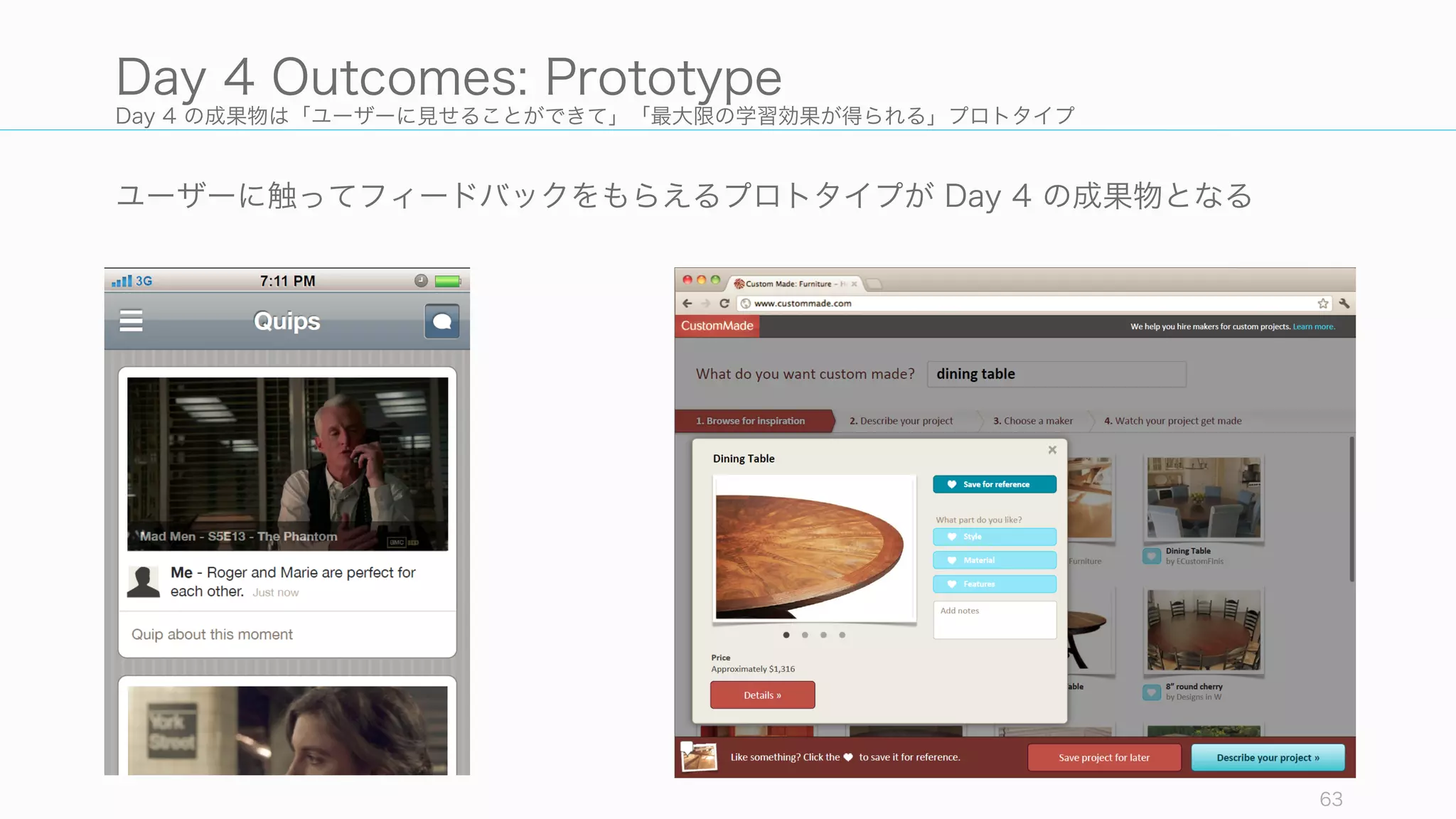 Day 4 の成果物は「ユーザーに見せることができて」「最大限の学習効果が得られる」プロトタイプ
ユーザーに触ってフィードバックをもらえるプロトタイプが Day 4 の成果物となる
63
Day 4 Outcomes: Prototype
 