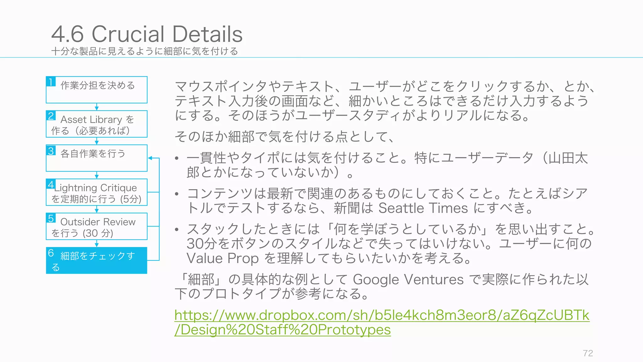 十分な製品に見えるように細部に気を付ける
マウスポインタやテキスト、ユーザーがどこをクリックするか、とか、
テキスト入力後の画面など、細かいところはできるだけ入力するよう
にする。そのほうがユーザースタディがよりリアルになる。
そのほか細部で気を付ける点として、
• 一貫性やタイポには気を付けること。特にユーザーデータ（山田太
郎とかになっていないか）。
• コンテンツは最新で関連のあるものにしておくこと。たとえばシア
トルでテストするなら、新聞は Seattle Times にすべき。
• スタックしたときには「何を学ぼうとしているか」を思い出すこと。
30分をボタンのスタイルなどで失ってはいけない。ユーザーに何の
Value Prop を理解してもらいたいかを考える。
「細部」の具体的な例として Google Ventures で実際に作られた以
下のプロトタイプが参考になる。
https://www.dropbox.com/sh/b5le4kch8m3eor8/aZ6qZcUBTk
/Design%20Staff%20Prototypes
72
4.6 Crucial Details
作業分担を決める
Asset Library を
作る（必要あれば）
各自作業を行う
Lightning Critique
を定期的に行う (5分)
Outsider Review
を行う (30 分)
細部をチェックす
る
1
2
3
4
5
6
 