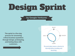 Design Sprint
by Google Ventures
The sprint is a five-day
process for answering
critical business questions
through design, prototyping,
and testing ideas with
customers.
 