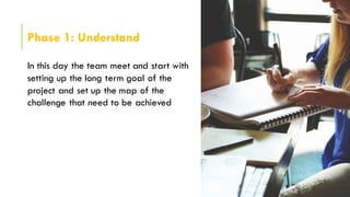 Phase 1: Understand
In this day the team meet and start with
setting up the long term goal of the
project and set up the map of the
challenge that need to be achieved
 