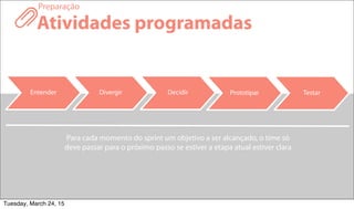 15
Atividades programadas
Preparação
Entender Divergir Decidir Prototipar Testar
Para cada momento do sprint um objetivo a ser alcançado, o time só
deve passar para o próximo passo se estiver a etapa atual estiver clara
Tuesday, March 24, 15
 