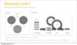 6
Quando usar?
Metodologias de desenvolvimento ágil
Scrum
Antes de iniciar um time de scrum ou uma célula
Quando uma história no backlog tiver um problema de design complexo, antes do time desenvolver
Lean
Tuesday, March 24, 15
 