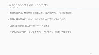 デザインスプリントの目指すところ
10
Design Sprint
http://www.gv.com/lib/the-gv-research-sprint-a-4-day-process-for-answering-important-startup-questions
Day 1-3 Day 4
Day 5
 