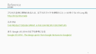 参考資料
プロセス全体に興味のある人は、以下のスライドを参照のこと (+ 60 枚ぐらいの Long 版)
http://bit.ly/dstumada
元ネタは
THE PRODUCT DESIGN SPRINT: A FIVE-DAY RECIPE FOR STARTUPS
また Google I/O 2014 の以下も参考になる
Google I/O 2014 - The design sprint: from Google Ventures to Google[x]
14
Reference
 