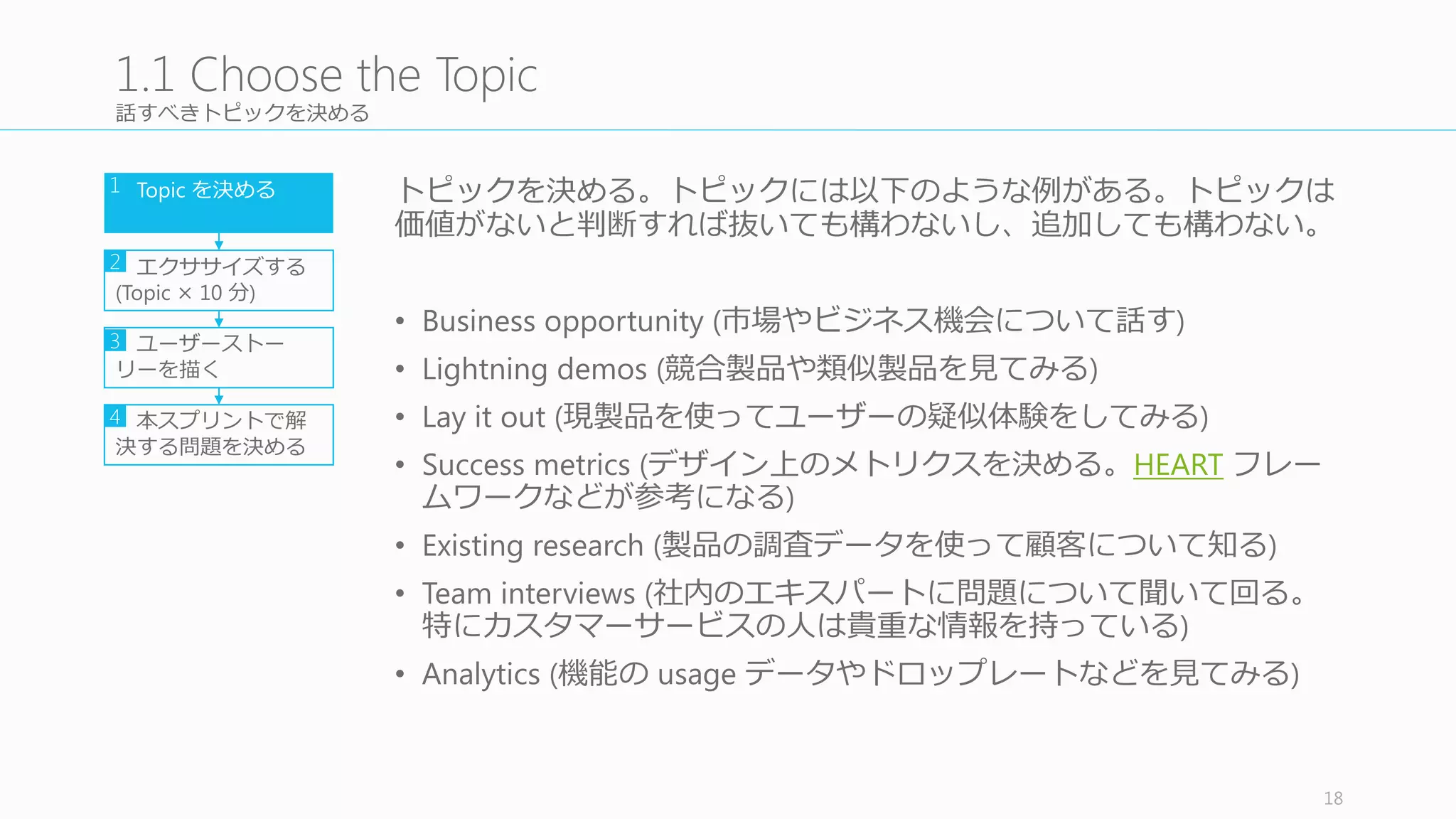 今回のスプリントのスコープを決める
すべてのアイデアについてプロトタイプを作ることはできないので、
このスプリントでどの問題/アイデアにフォーカスするかを決める。
決めるうえで重要なのは、
• プロトタイプを⾒見見せたときに、ユーザーから何を学びたいのか？
• 学ぶためにどんなプロトタイプを作るべきなのか？
• 問いかけるのをためらうぐらい「明確な質問」をしてみる：みんな
の理理解が進む
をしっかりと考える。
ファシリテーターは時間制限を付けて問題を決めるようにする。
18
1.4	
  Focus on the Problem
Topic	
  を決める
エクササイズする
(Topic	
  × 10	
  分)
ユーザーストー
リーを描く
本スプリントで解
決する問題を決める
1
2
3
4
 