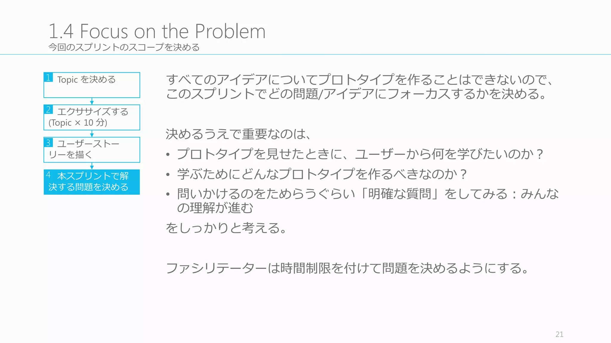 Day	
  2	
  の成果物はストーリーボードとそれに対する投票（決定）
Crazy 8s や、それを基にしたストーリーボードの作成、そして最終的な投票結果が Day	
  2	
  の
成果物となる。
http://www.gv.com/lib/the-­‐product-­‐design-­‐sprint-­‐divergeday2 21
Day	
  2	
  Outcome:	
  Voted	
  Storyboards
 