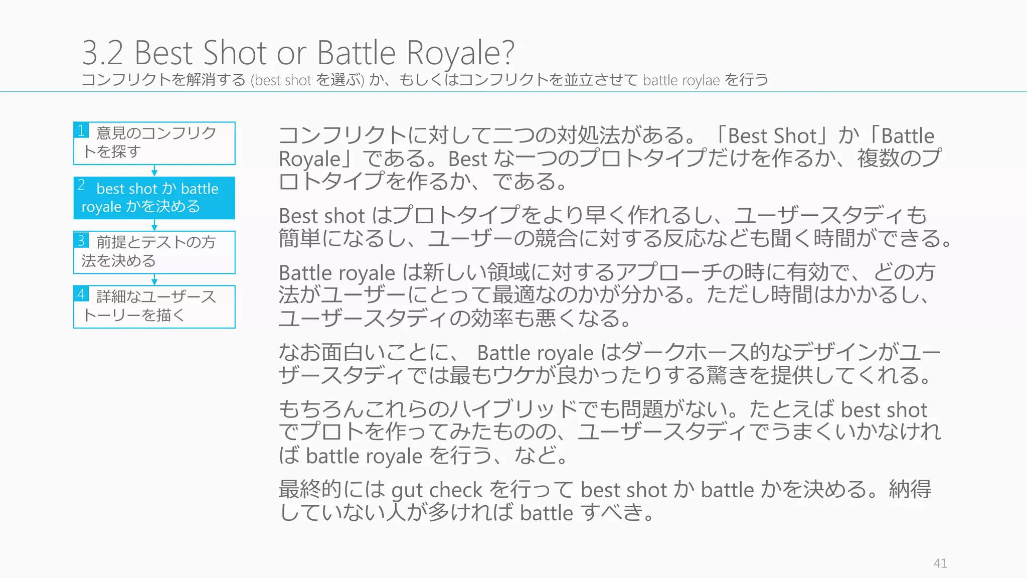 Day 3 の tips
• 常に戦う準備をしておくこと (Keep	
  the	
  gloves	
  off)
• ストーリーボードを描くには、たくさんの⼩小さな決定をしなければならない。その
ときに集団の同意を取るのではなく、CEO	
  に “make	
  the	
  call”	
  してもらう。
• どうしても決められないときは battle	
  royale にする
• ただし Battle royale を「決めることから逃げる」ことに使わない
41
Tips	
  for	
  Day	
  3
 