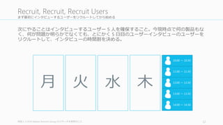 Day 1 の成果物はユーザーストーリーダイアグラム
http://www.gv.com/lib/the-­‐product-­‐design-­‐sprint-­‐understandday-­‐1 12
Day	
  1	
  Outcome	
  is	
  “User	
  Story”,	
  looks	
  Like:
 