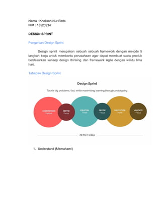 Nama : Kholisoh Nur Sinta
NIM : 18523234
DESIGN SPRINT
Pengertian Design Sprint
Design sprint merupakan sebuah sebuah framework dengan metode 5
langkah kerja untuk membantu perusahaan agar dapat membuat suatu produk
berdasarkan konsep design thinking dan framework Agile dengan waktu lima
hari.
Tahapan Design Sprint
1. Understand (Memahami)
 