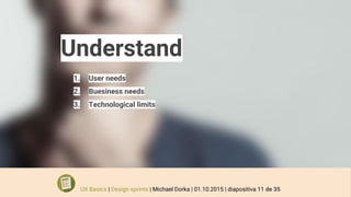 Understand
1. User needs
2. Buesiness needs
3. Technological limits
UX Basics | Design sprints | Michael Dorka | 01.10.2015 | diapositiva 11 de 35
 