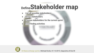 DefineStakeholder map
● List all possible stakeholders
● Group stakeholders
● Choose stakeholders for the current sprint
● need finding activities
UX Basics | Design sprints | Michael Dorka | 01.10.2015 | diapositiva 20 de 35
 