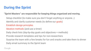 During the Sprint
“Sprint Masters” are responsible for keeping things organized and moving.
Setup checklist (to make sure ...