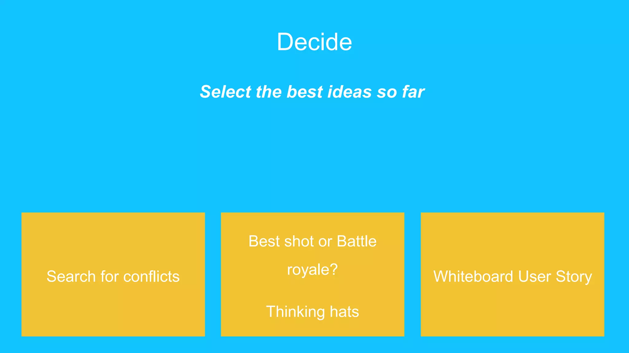 Decide
Search for conflicts
Best shot or Battle
royale?
Thinking hats
Whiteboard User Story
Select the best ideas so far
 