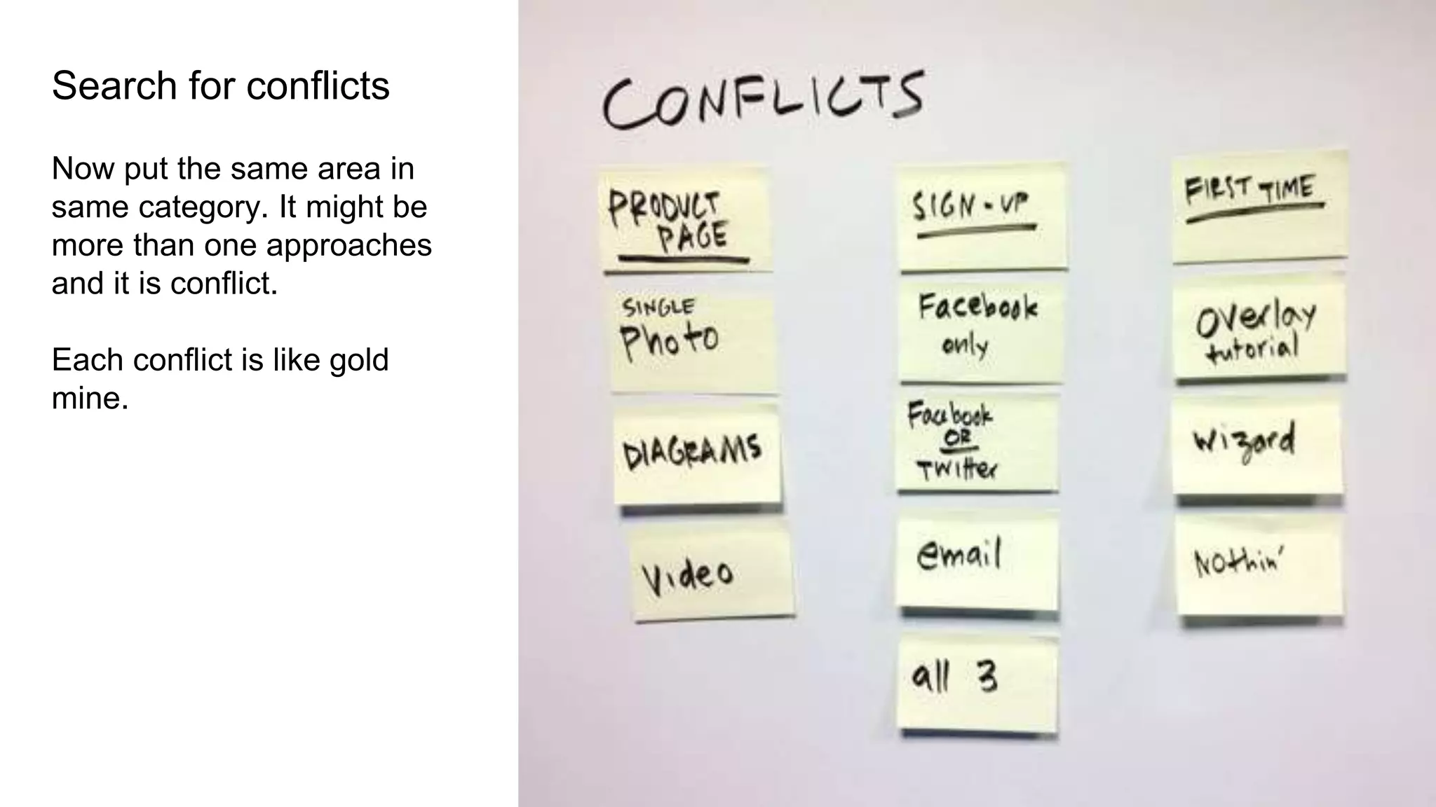 Search for conflicts
Now put the same area in
same category. It might be
more than one approaches
and it is conflict.
Each conflict is like gold
mine.
 
