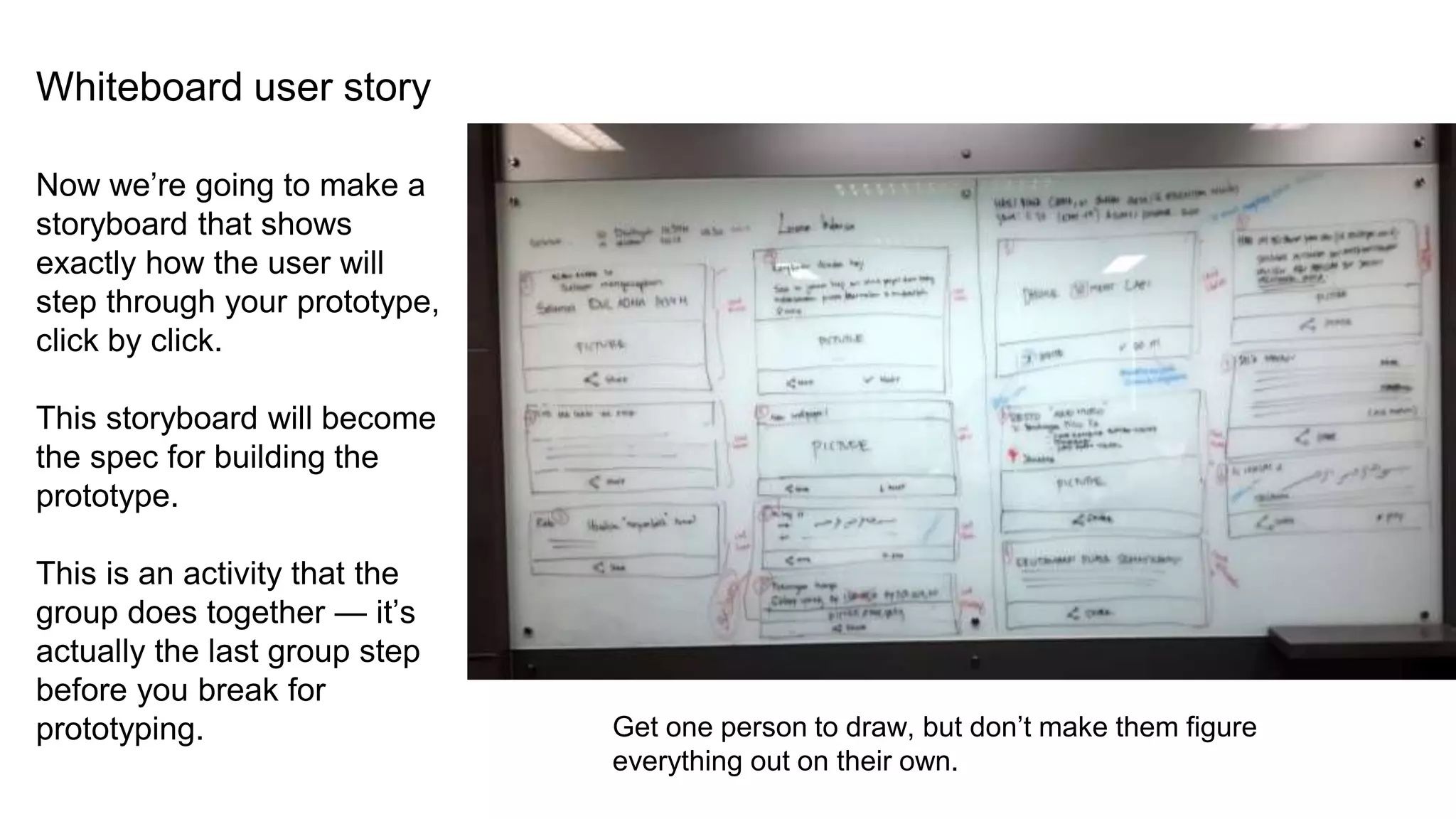 Whiteboard user story
Now we’re going to make a
storyboard that shows
exactly how the user will
step through your prototype,
click by click.
This storyboard will become
the spec for building the
prototype.
This is an activity that the
group does together — it’s
actually the last group step
before you break for
prototyping. Get one person to draw, but don’t make them figure
everything out on their own.
 