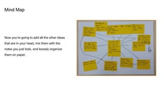 Mind Map
Now you’re going to add all the other ideas
that are in your head, mix them with the
notes you just took, and loosely organize
them on paper.
 