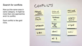 Search for conflicts
Now put the same area in
same category. It might be
more than one approaches
and it is conflict.
Each conflict is like gold
mine.
 