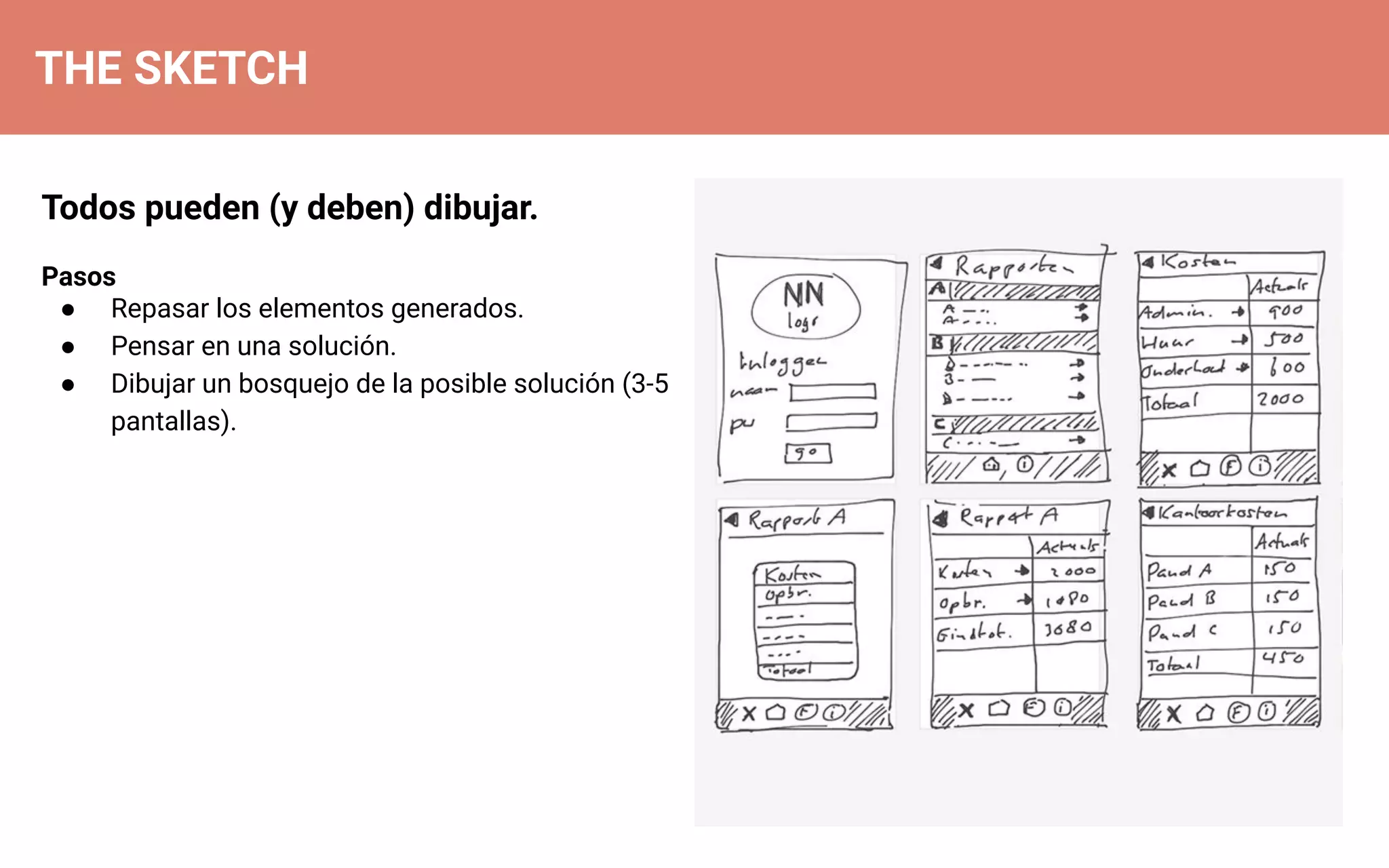 THE SKETCH
Todos pueden (y deben) dibujar.
Pasos
● Repasar los elementos generados.
● Pensar en una solución.
● Dibujar un bosquejo de la posible solución (3-5
pantallas).
 