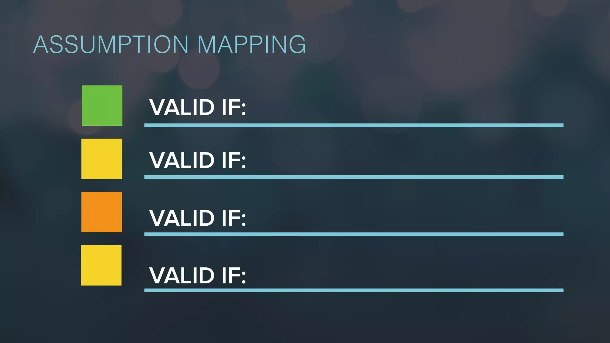 ASSUMPTION MAPPING
VALID IF:
VALID IF:
VALID IF:
VALID IF:
 