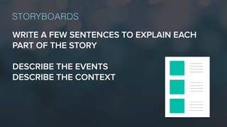 WRITE A FEW SENTENCES TO EXPLAIN EACH
PART OF THE STORY
DESCRIBE THE EVENTS
DESCRIBE THE CONTEXT
STORYBOARDS
 